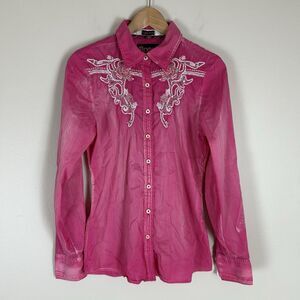 Roar Women’s Embroidered Western Shirt M Pink Button up Rhinestone Diamond Stud